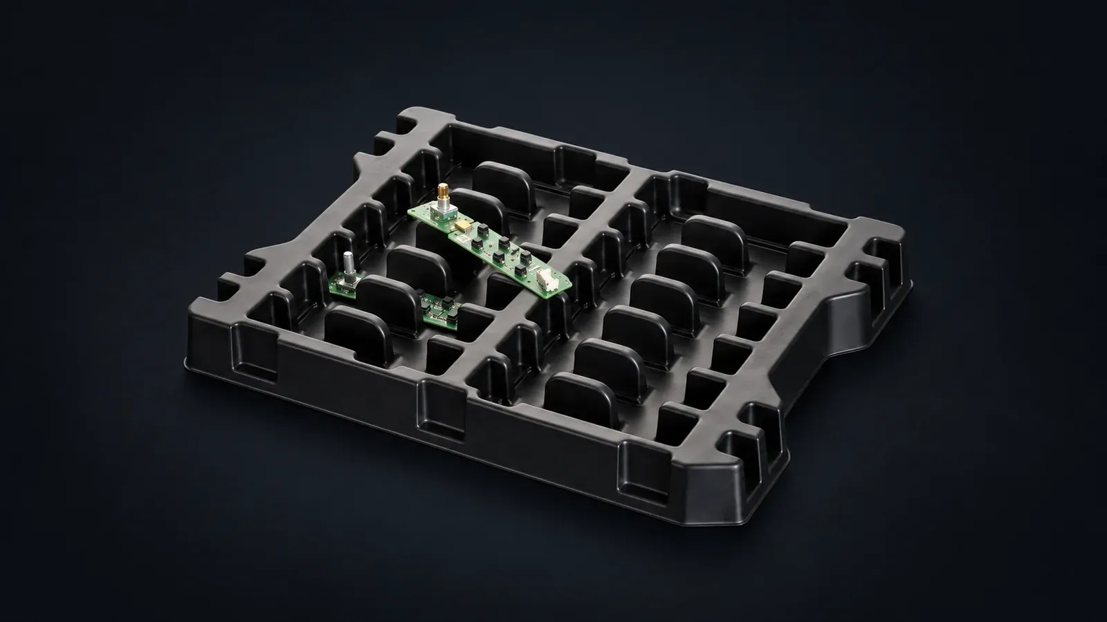 Black compartmented thermoformed tray holding two green electronic circuit boards