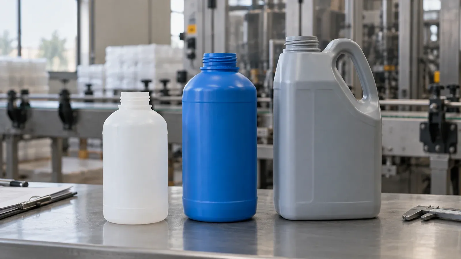 Three unbranded molded plastic containers, including a gray handled container, on an inspection bench