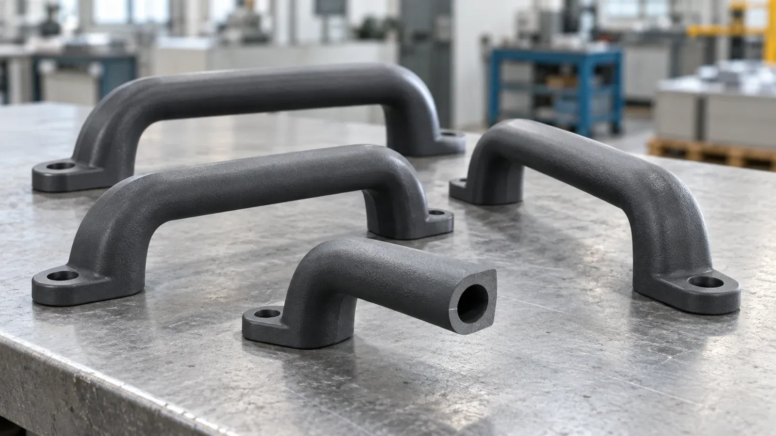 Molded plastic grab handles with a cutaway sample showing an internal gas channel