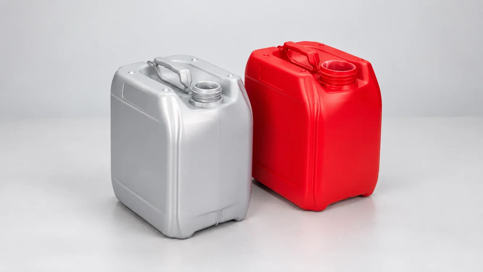 Grey and red Müller MultiCan coextruded barrier canisters with open threaded necks