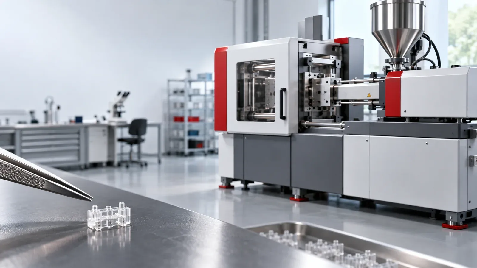 Generic compact micro injection molding machine beside a tiny clear molded component held near precision tweezers