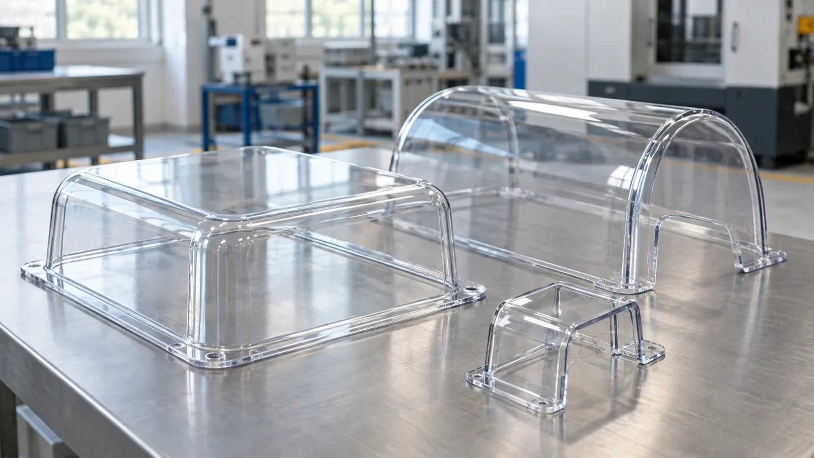 Clear thermoformed polycarbonate covers with flanges and curved viewing surfaces on a factory bench