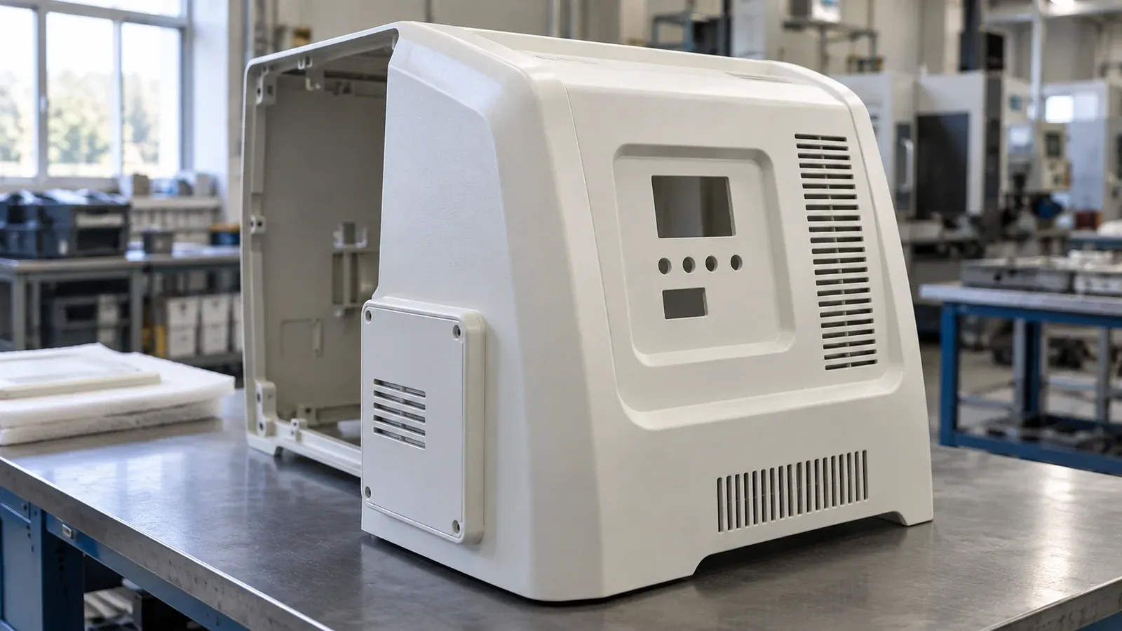 Off-white pressure-formed equipment enclosure and side panel with recessed details and trimmed ventilation slots