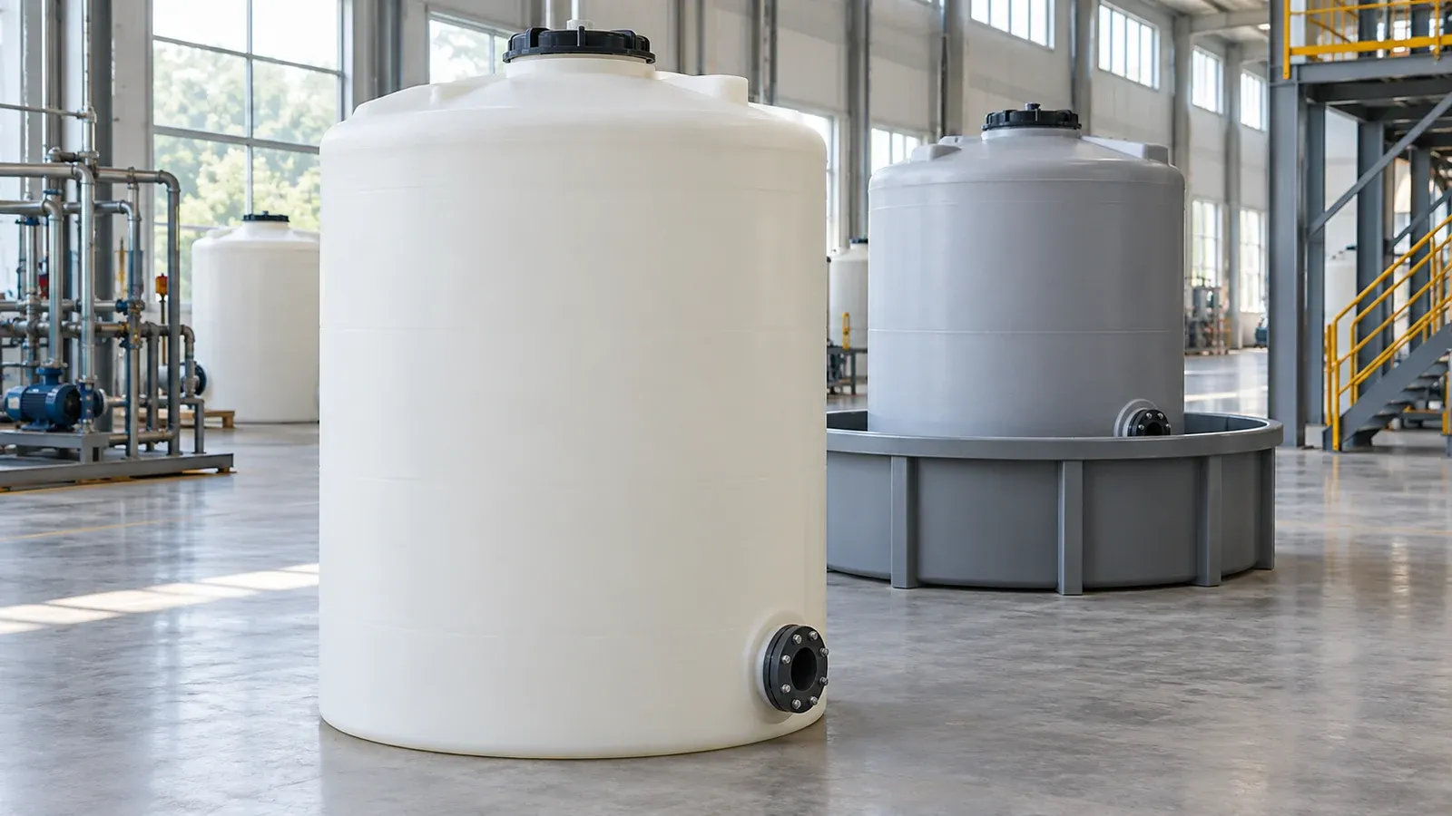 White vertical chemical-storage tanks with top lids and low outlet connections inside a gray containment bund