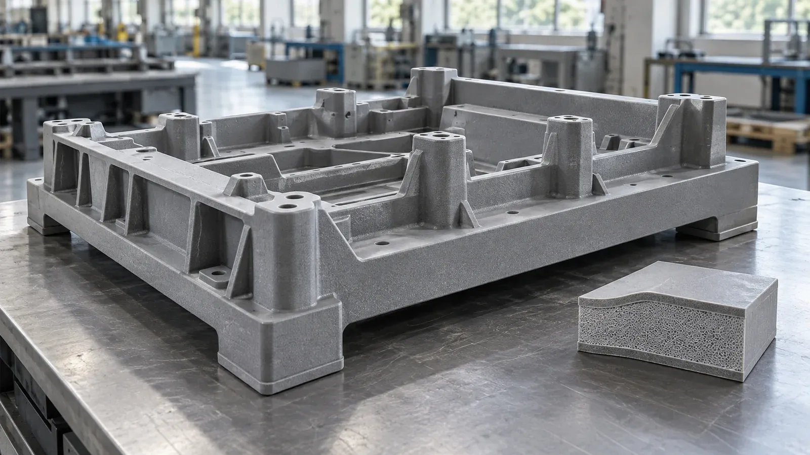 Gray molded equipment base and sectioned sample illustrating a cellular core beneath a solid outer skin