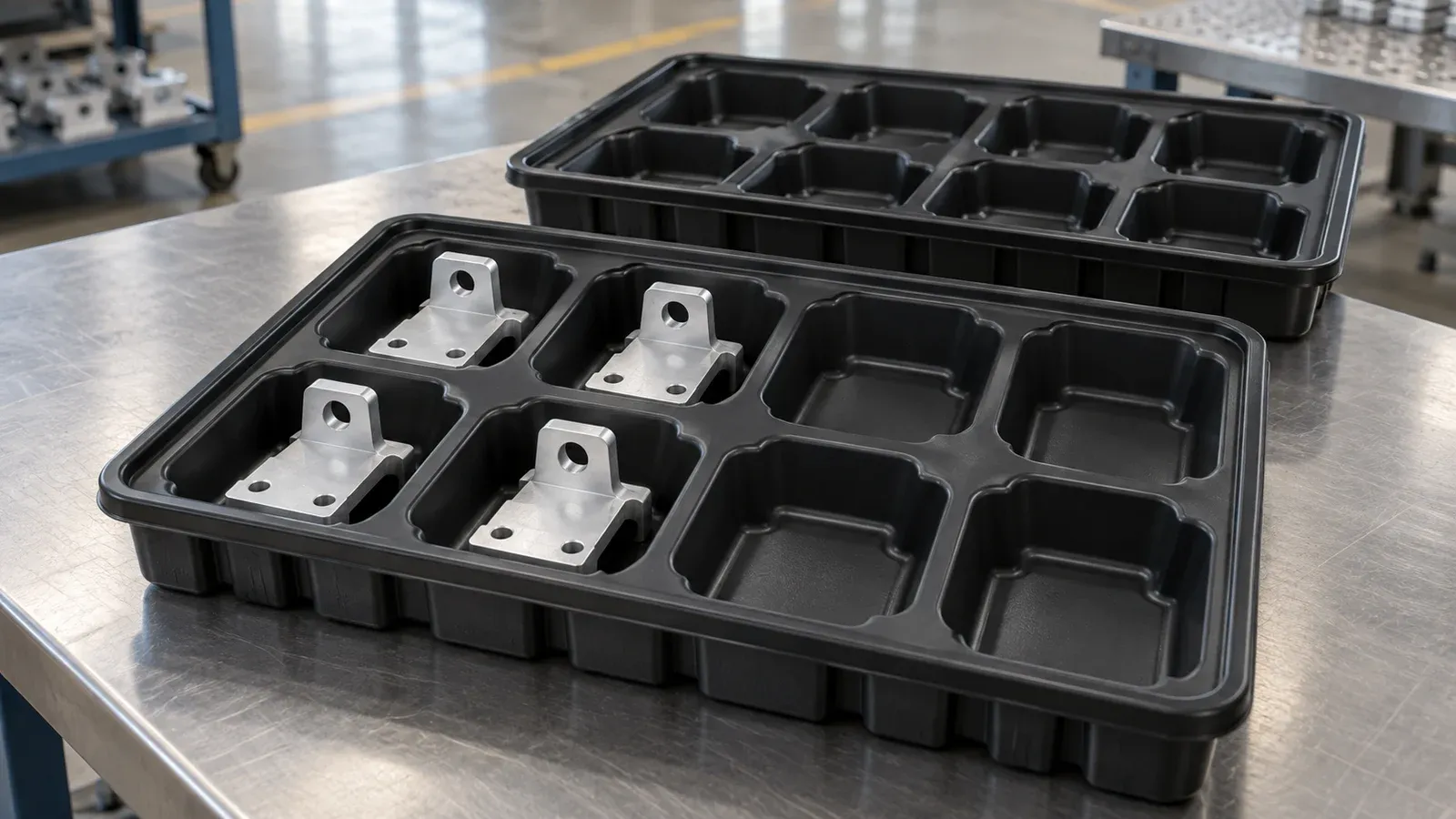 Black thermoformed dunnage tray with molded pockets holding metal components on an inspection bench