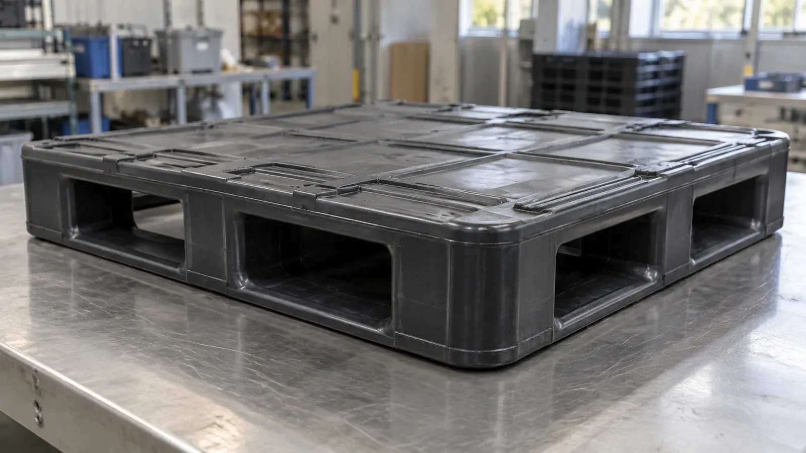 Black twin-sheet plastic pallet with a perimeter seam and forklift openings on an inspection bench