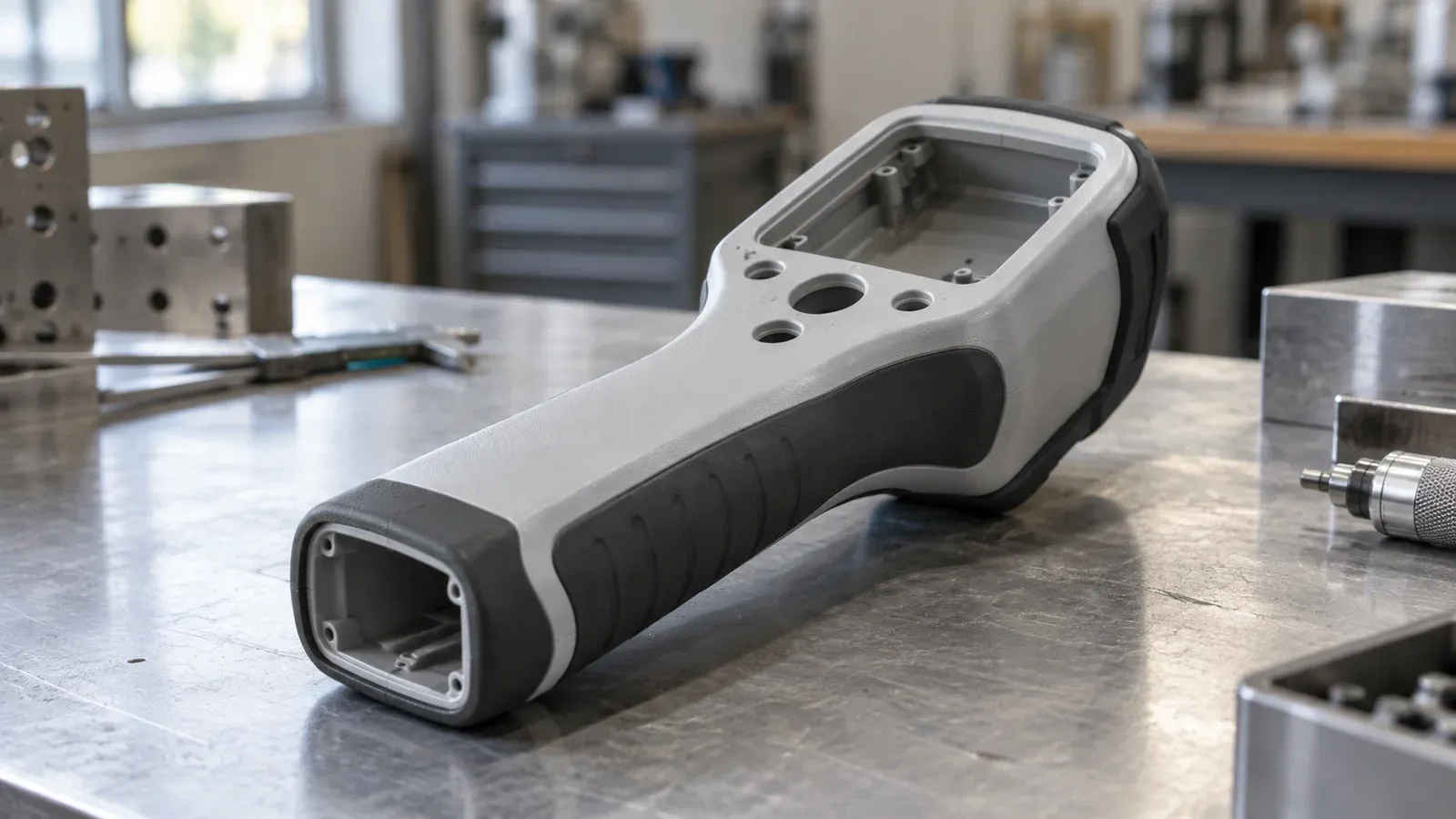 Gray molded instrument housing with an integrated black soft grip on a factory inspection bench