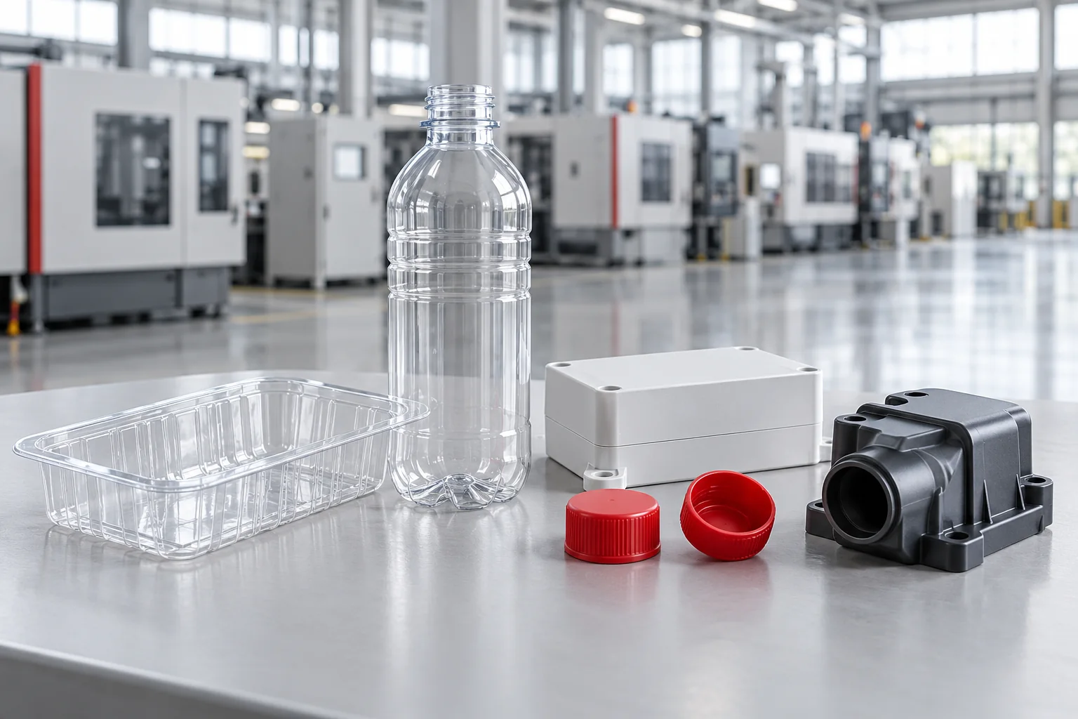 Plastic packaging and molded components on a workbench in a modern production setting