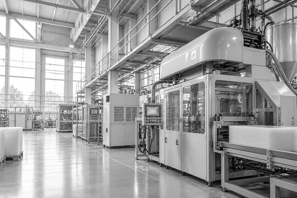Industrial production hall with plastics processing machinery